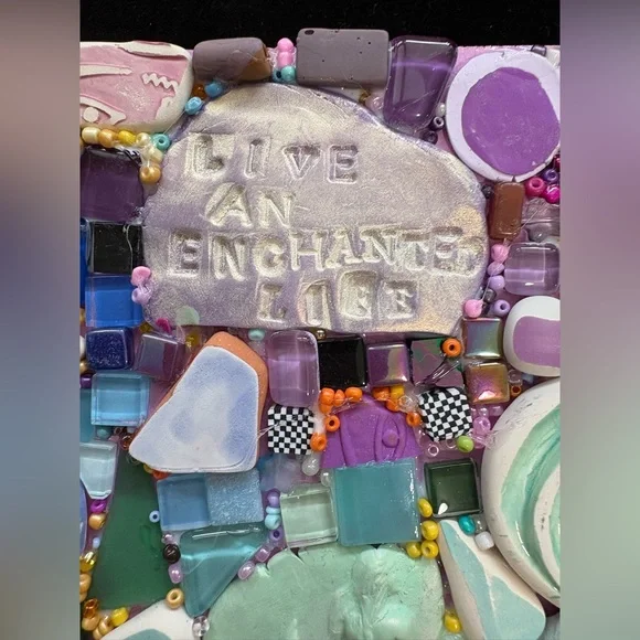 Handmade Mosaic Art” Enchanted Life”Polymer Clay Original On Wood 12”x 8” - Picture 4 of 10